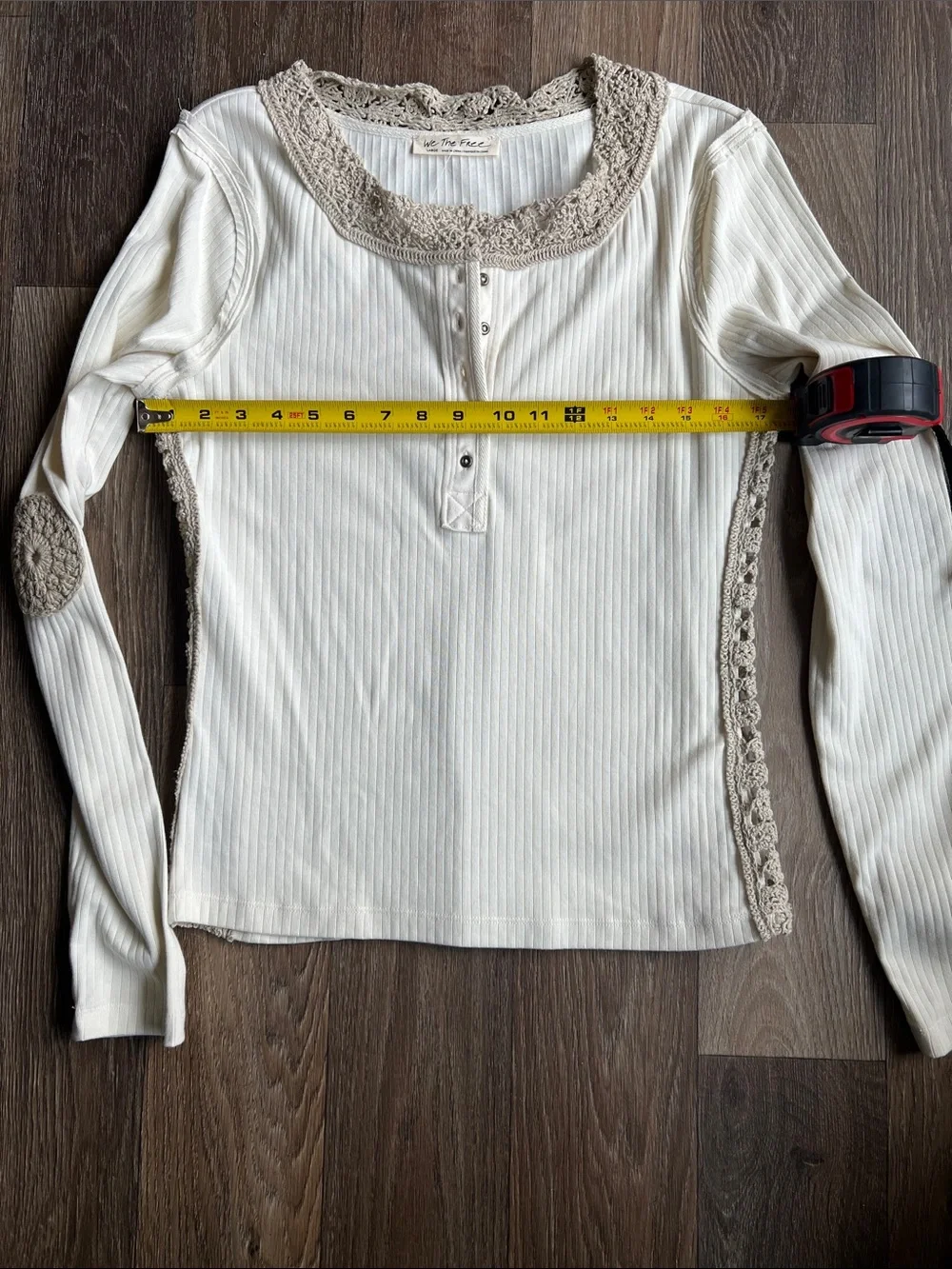 Free People Cream Ribbed Long-Sleeve Henley with Taupe Crochet Trim see photos